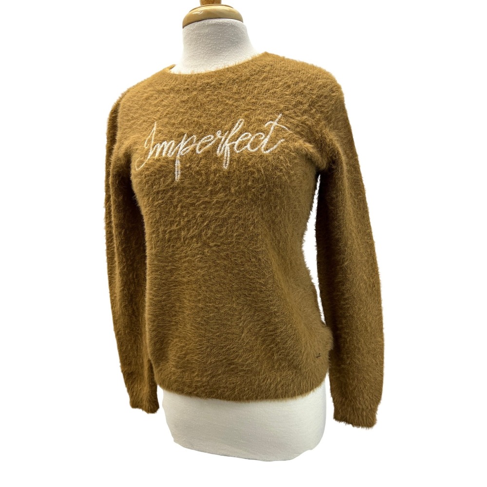 Imperfect‎ Eyelash Knit Sweater Women Size M Brown NWT Fuzzy Script Pullover